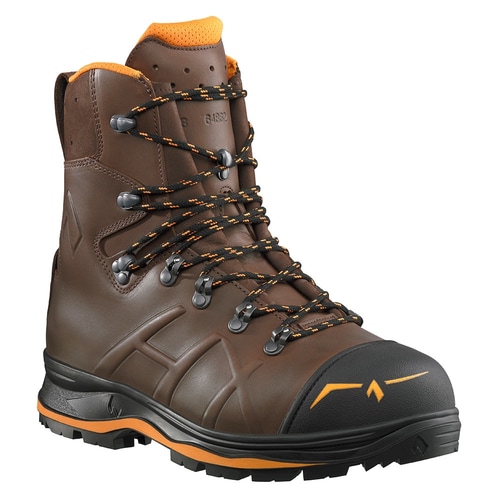 Chaussure d’alpinisme Trekker Mountain 2.0 marron avec semelle noire et orange, lacets orange-noir et doublure orange rembourrée, nom du fabricant non visible