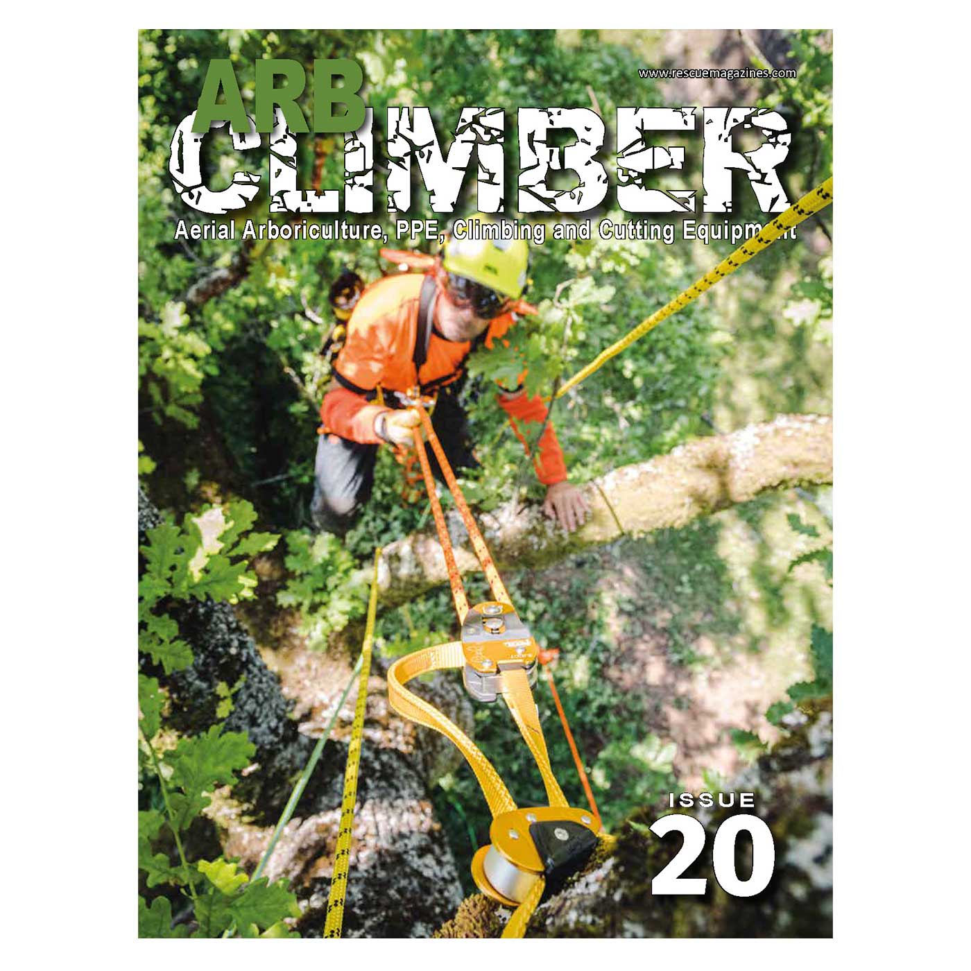 Couverture du magazine Arb Climber n° 20 montrant un grimpeur en vêtements orange et casque jaune suspendu à des cordes jaunes et orange dans un arbre
