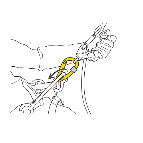 Dessin en noir et blanc d’une main avec du matériel d’escalade attachant un mousqueton jaune Rollclip Z Triact-Lock à une corde