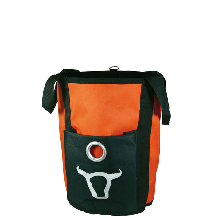Sac professionnel, orange avec poche avant noire et motif tête de taureau blanc