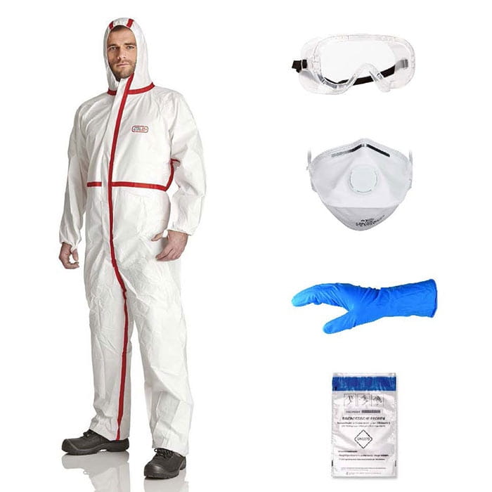 Combinaison de protection EPS Guard avec fermeture éclair et capuche rouges, lunettes, masque respiratoire, gant bleu et emballage