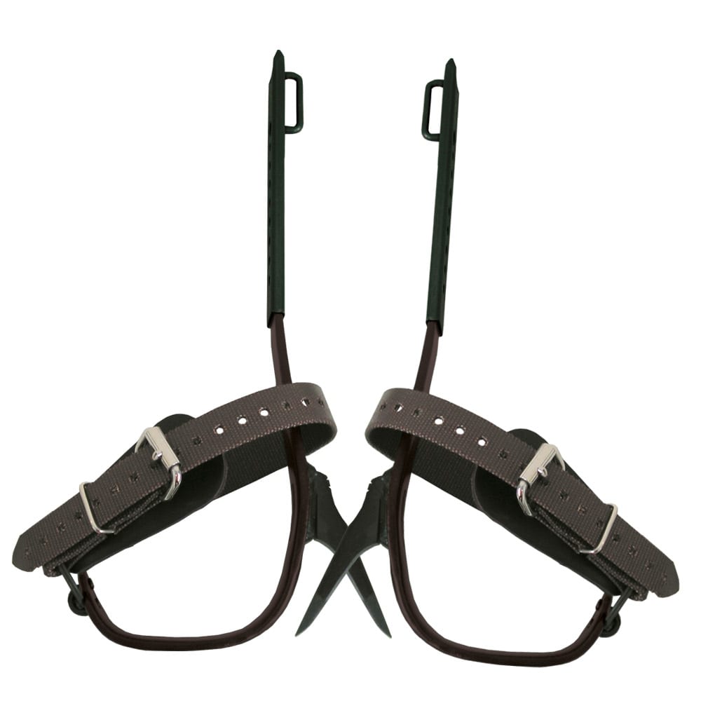 Crampons Buckingham Standard L avec brides marron et embouts en métal noir pour la fixation aux arbres