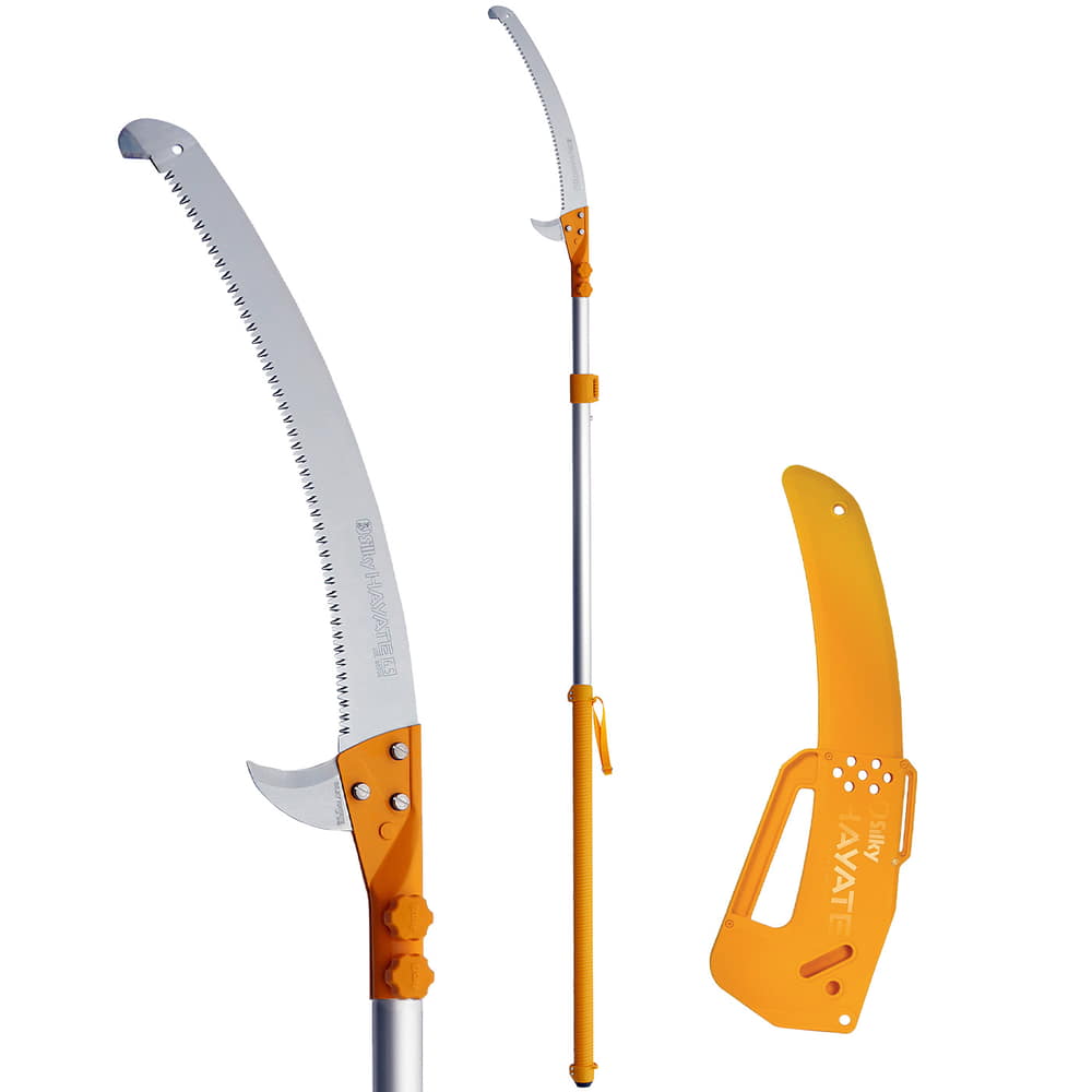 Scie à arbre Hayate 380 avec lame de scie incurvée et manche orange, tige télescopique et housse de protection orange assortie