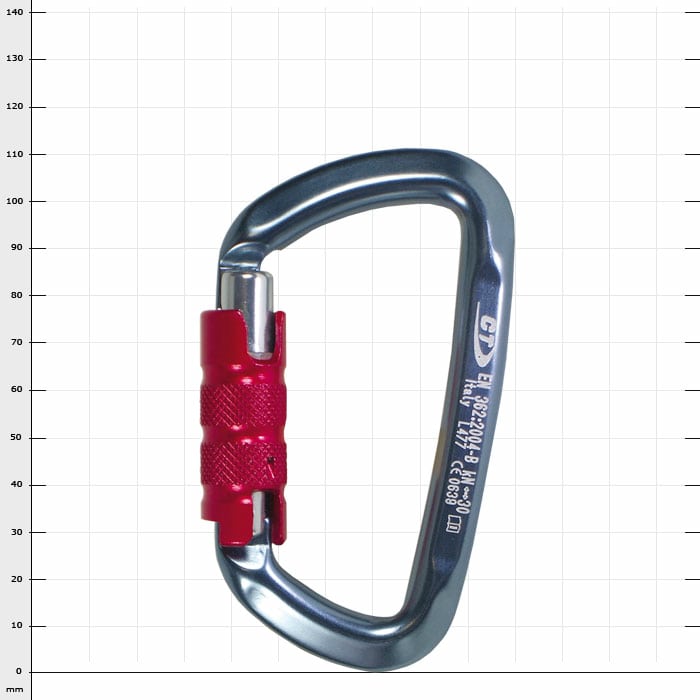 Mousqueton Civetta D-Trilock avec corps argenté et mécanisme de verrouillage rouge, fabricant GT, type D-Trilock