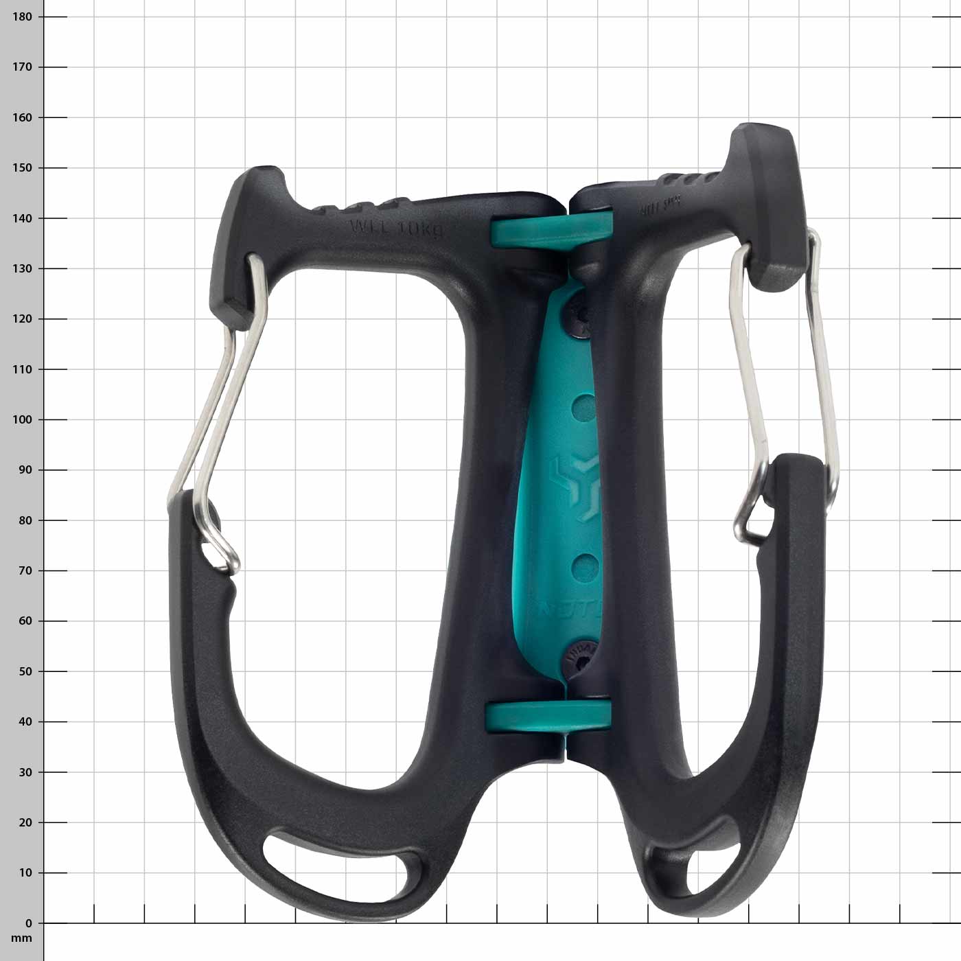 Porte-outils cargo, porte-outils noir et vert avec clips métalliques, frontal sur fond blanc avec grille