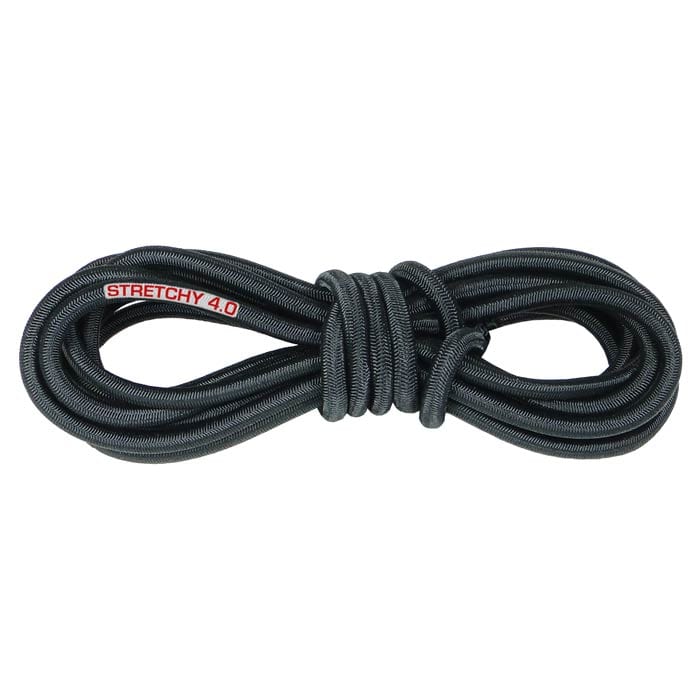 Corde d’escalade Stretchy 4.0 noire enroulée avec patch rouge et lettrage blanc sur fond blanc