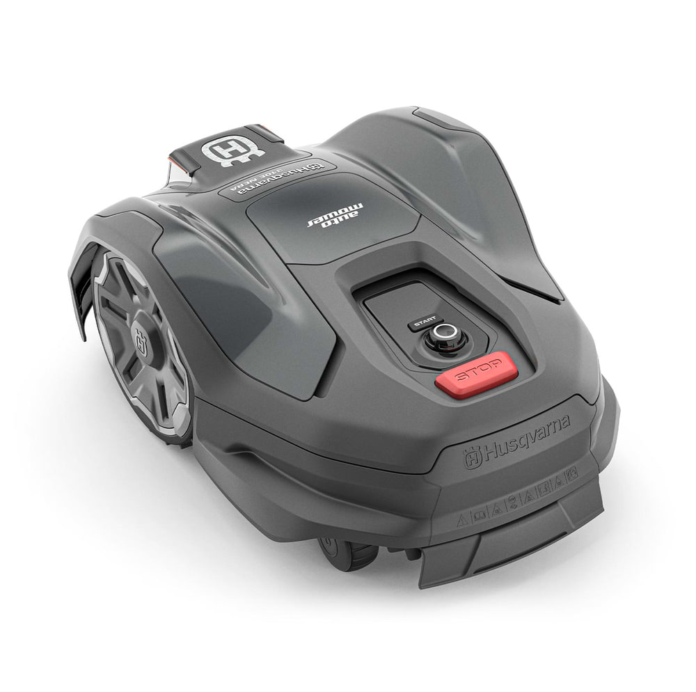 Robot tondeuse Husqvarna 310E Nera gris vu du haut avec bouton d’arrêt rouge et inscription Husqvarna