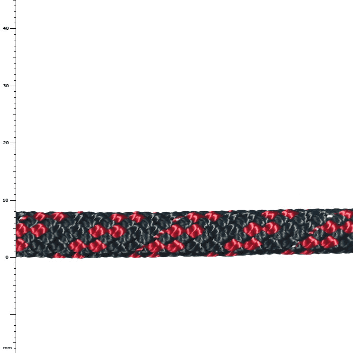 Corde Sirius 8, noire avec des motifs rouges et gris, gros plan du tressage et de la structure