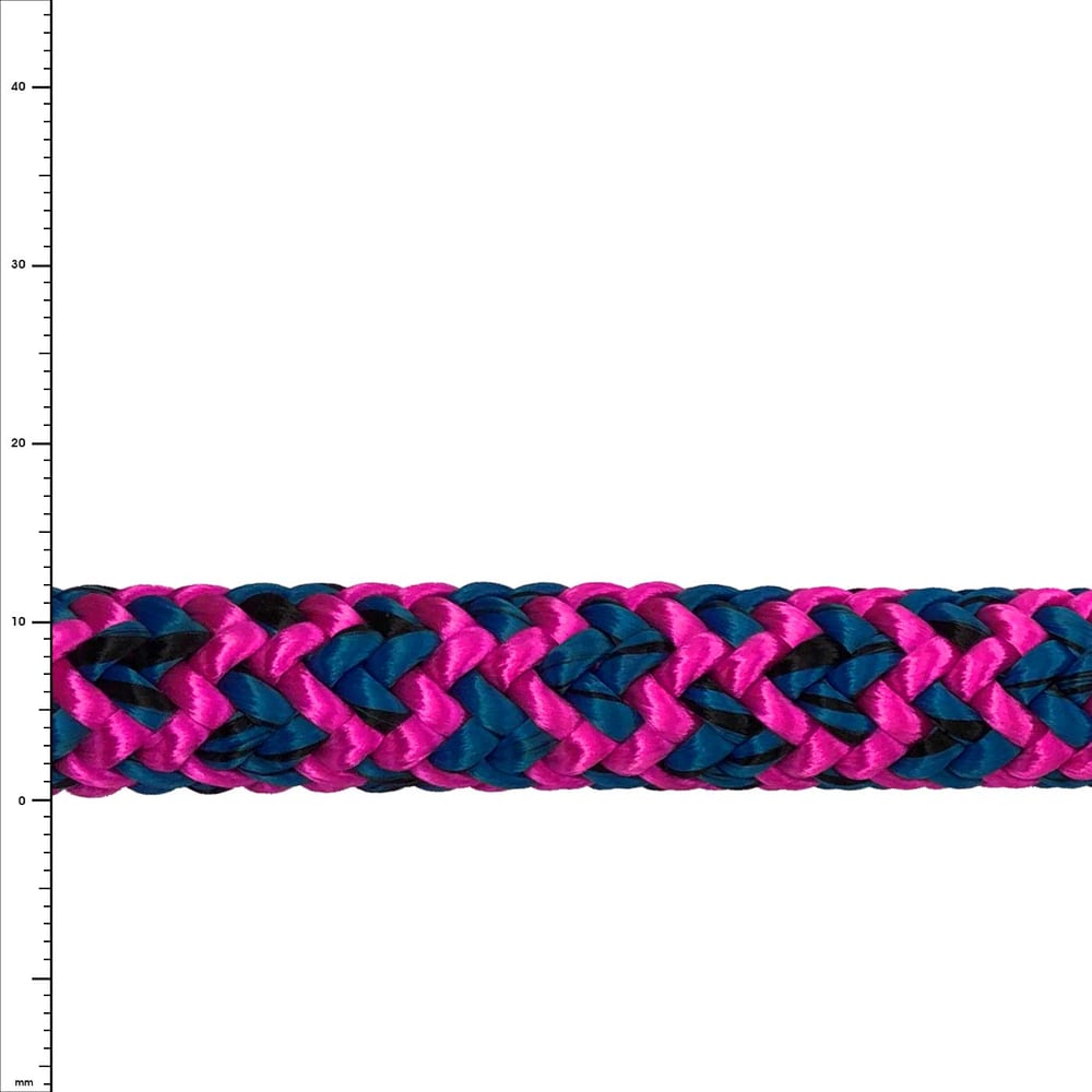 Atrax Corde tressée rose en rose et bleu, gros plan sur fond blanc
