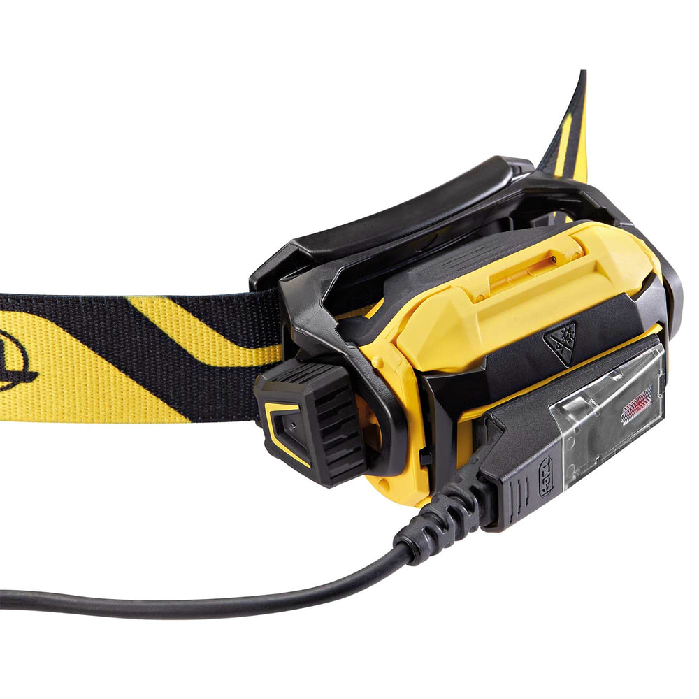 Lampe frontale Petzl Pixa R avec bandeau jaune et noir, dos avec câble de connexion et support de clip