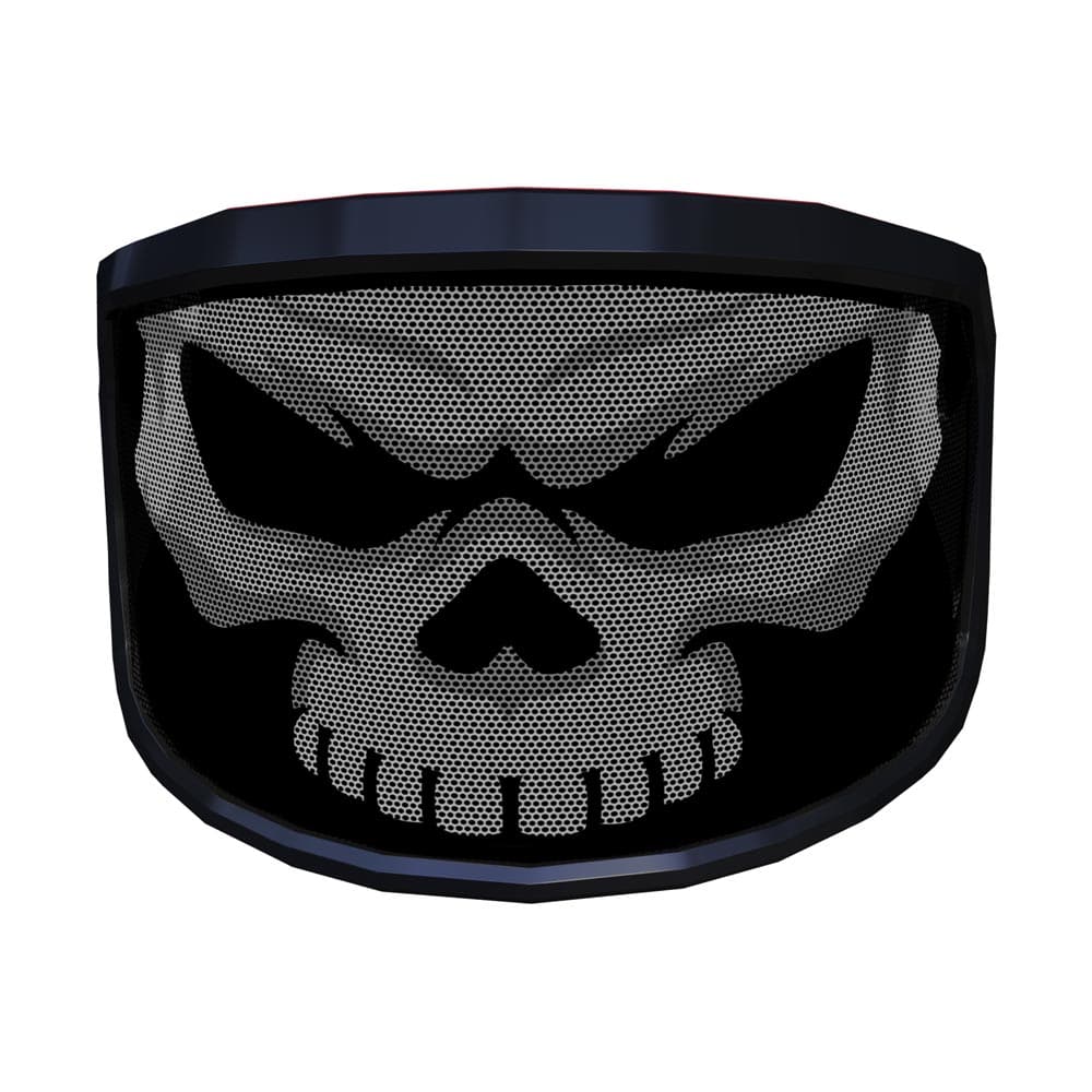 Visière PROTOS® Special Edition avec cadre noir et motif tête de mort blanche sur tissu en maille noire de face, légèrement vue d’en haut