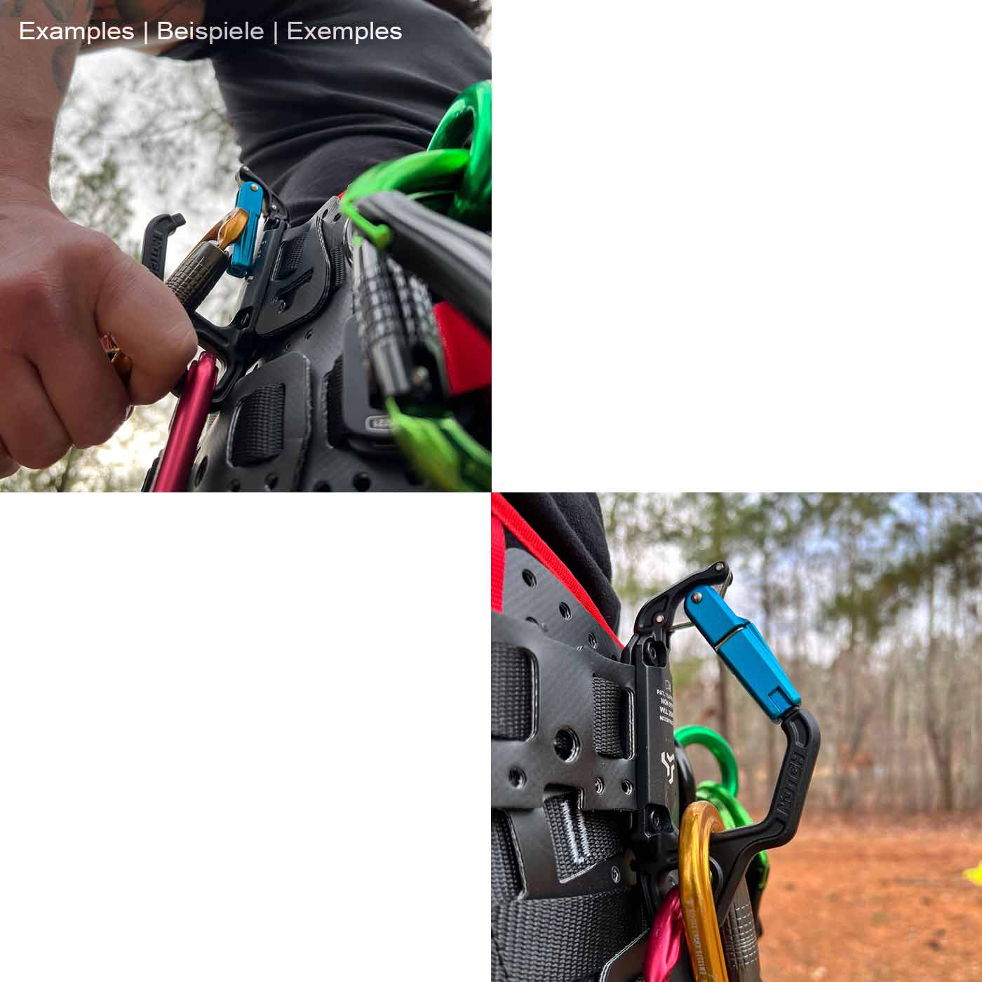Un homme avec un équipement d’escalade attache un mousqueton échangiste bleu à une ceinture noire avec plus de mousquetons
