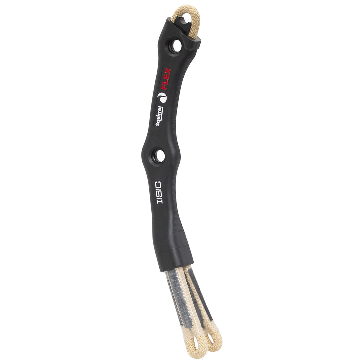 Squirrel Flex Tether d’ISIC, connecteur flexible noir avec boucles beiges aux deux extrémités et deux trous ronds