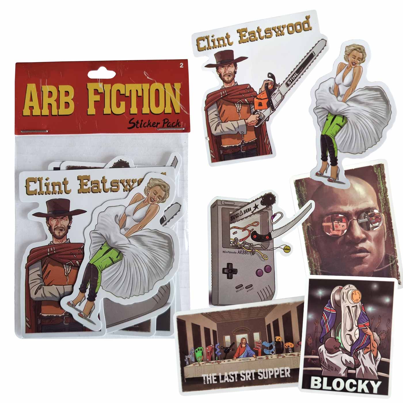 Pack d’autocollants ARB Fiction Pack Vol. 2 avec plusieurs autocollants, dont une figurine avec un chapeau et une tronçonneuse, une femme en robe blanche et un pantalon vert, un appareil de type Gameboy avec une tronçonneuse, un portrait d’un homme avec d
