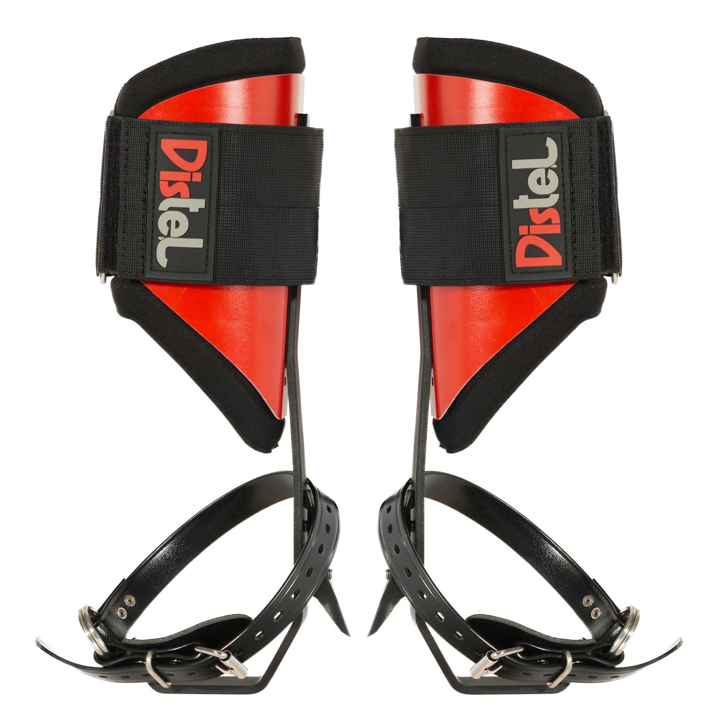 Distel Steel Classic, deux patins en métal rouge et noir avec sangles noires et l’inscription « Distel » sur les fermetures velcro noires
