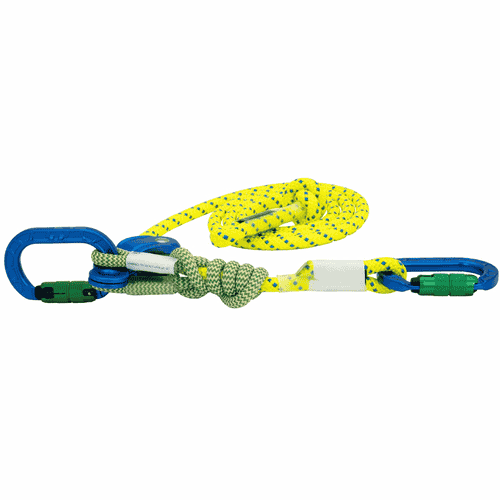 corde miniGLIDE jaune avec mousqueton bleu et poulie bleue, boucle et nœud verts, couchée à plat