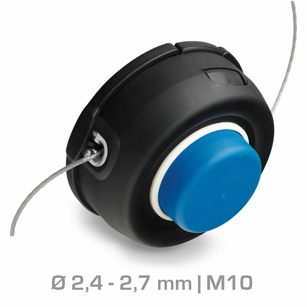 Bobine de fil T35X M10 avec boîtier noir et bouton bleu, guide-fil visible, spécification de diamètre 2,4 - 2,7 mm