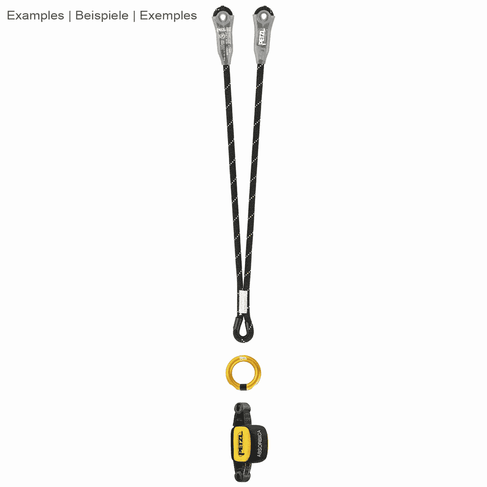Exemple d’illustration avec deux boucles noires et jaunes, une bague dorée et un Absorbica de Petzl en jaune et noir avec lettres blanches