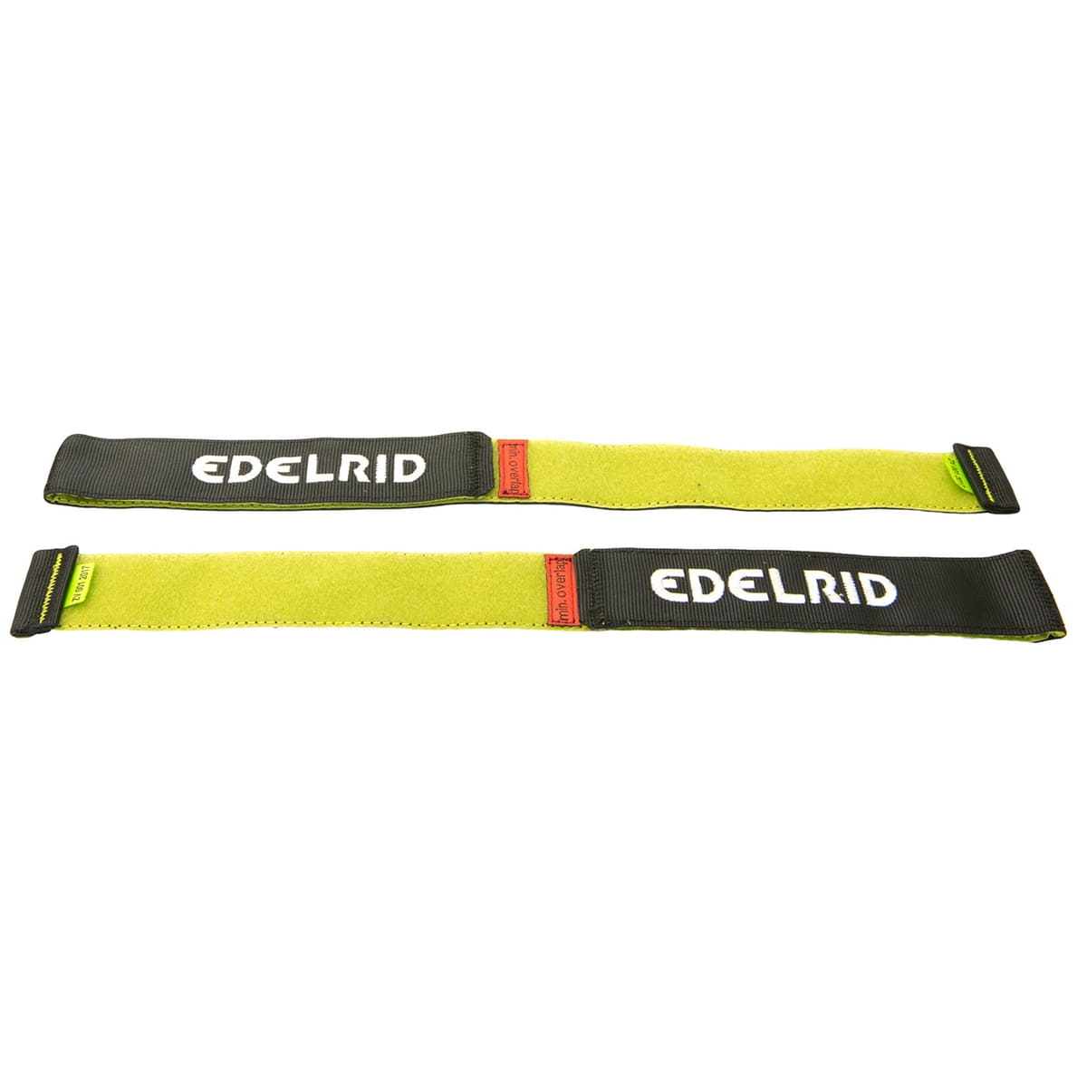 Deux bandes plates et allongées en jaune et noir avec l’inscription blanche « EDELRID » et de petites marques rouges et vertes, nom du produit Talon Upper Binding