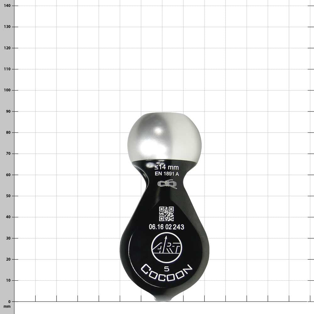 Cocoon 5, rouleau de corde noir et argent avec impressions et QR code, vue de face