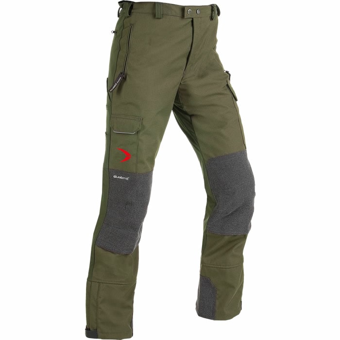 Pantalon vert Gladiator Outdoor avec renforts gris aux genoux et aux jambes, plusieurs poches et logo rouge