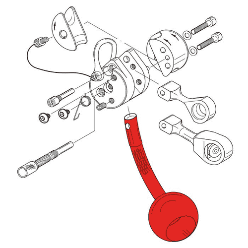 Dessin technique de la poignée de déverrouillage LockJack en rouge avec d’autres composants noirs et des vis en vue éclatée