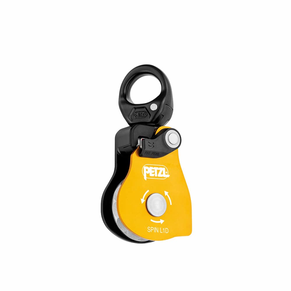 Poulie Petzl Spin L1D jaune et noire avec émerillon intégré