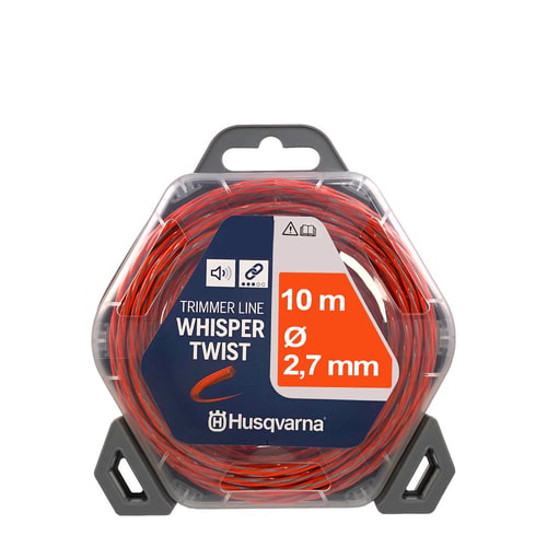 Fil de coupe Husqvarna Whisper-Twist 2.7, 10 mètres de long, diamètre 2,7 mm, fil rouge dans un emballage en plastique transparent avec cintre gris