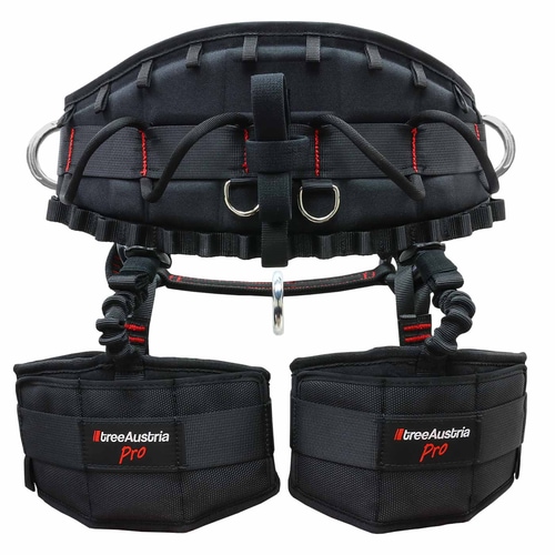 Harnais d’escalade noir treeAustria Pro taille 3 avec coutures rouges, anneaux métalliques et poignets de jambe rembourrés à l’arrière, avec logo treeAustria Pro