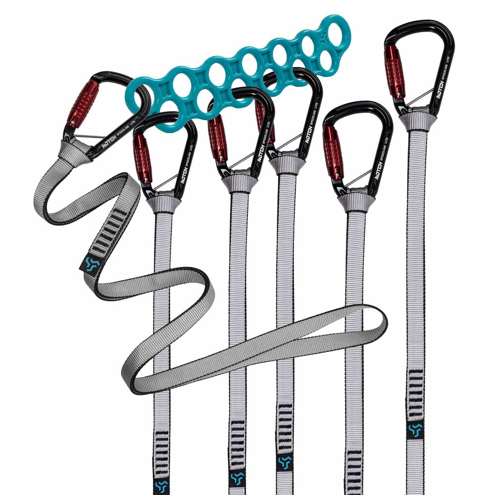 Kit Speedline Lite 40" avec cinq mousquetons noirs, sangles à boucles grises et connecteur bleu