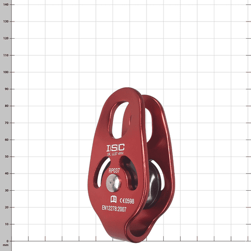 Micro poulie, poulie rouge avec roue noire, fabricant ISC, modèle RP037, vue oblique de l’avant