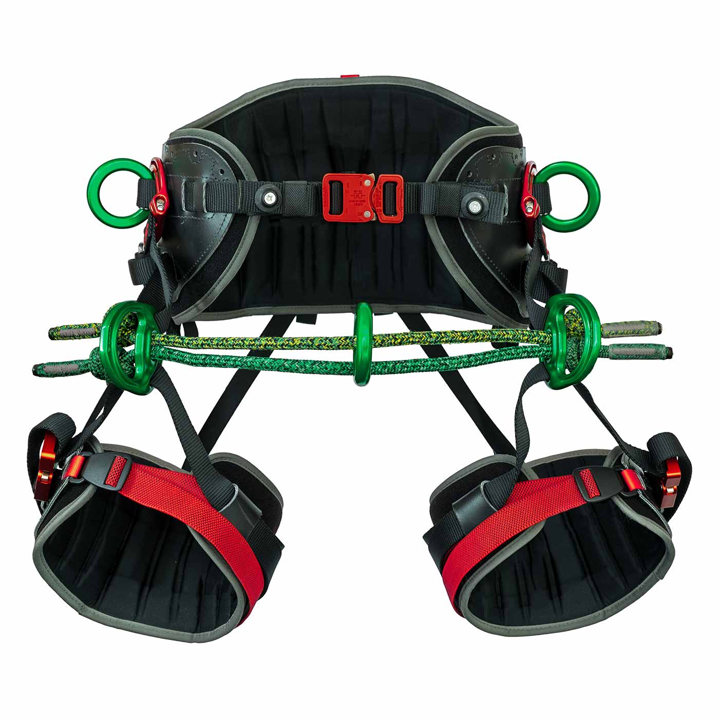 Harnais Kinisi Pro avec ceinture rembourrée noire, anneaux en métal vert et boucles rouges, vue de face