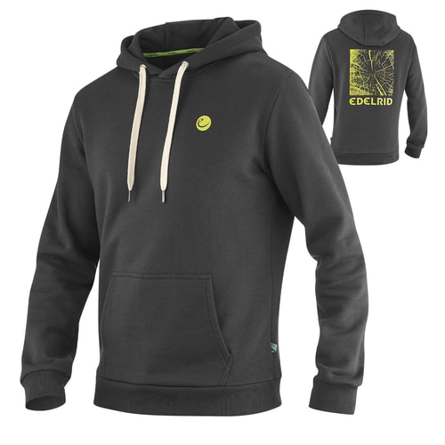Sweat à capuche grounder gris foncé avec capuche et cordons blancs à l’avant et à l’arrière avec grand imprimé tronc d’arbre jaune et lettrage EDELRID
