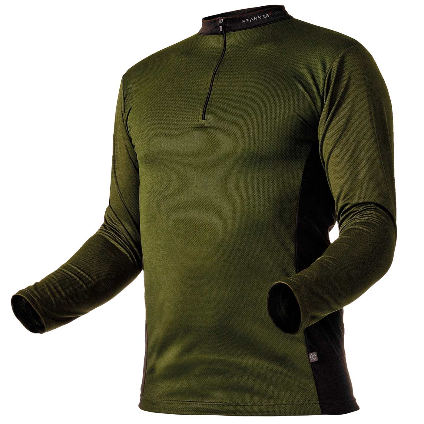 Chemise à col zippé de Pfanner en vert olive et noir avec manches longues et fermeture éclair courte à l’avant