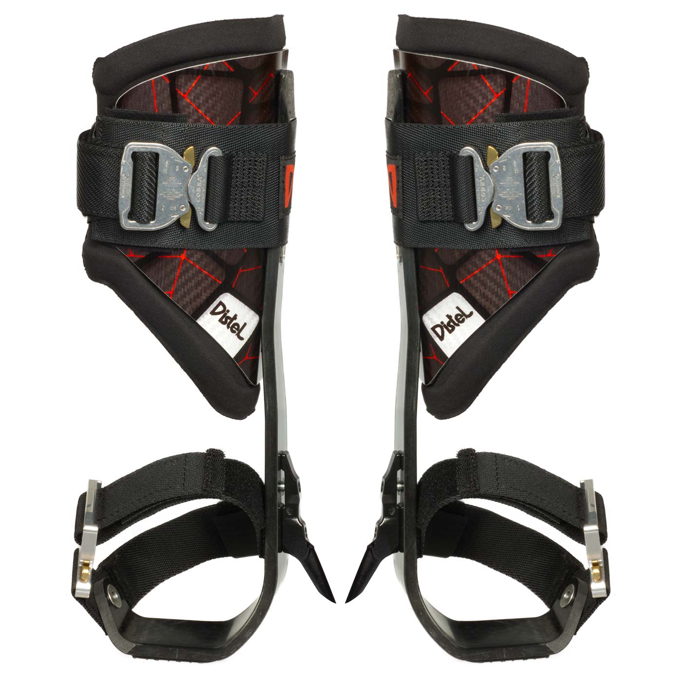 Distel Carbon 3.1 Click, paire de cretons en carbone noir avec lignes rouges, rembourrage noir et fermoirs en métal, vu de face
