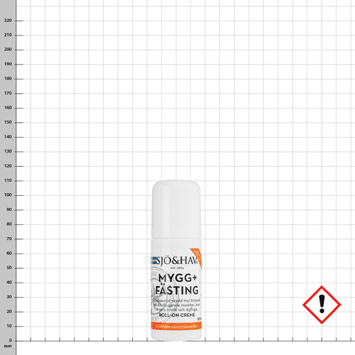 Mosquito+Tick Roll On, flacon roll-on blanc avec l’inscription SJÖ&HAV MYGG+FÄSTING et un marquage orange, à côté d’un symbole d’avertissement rouge avec point d’exclamation
