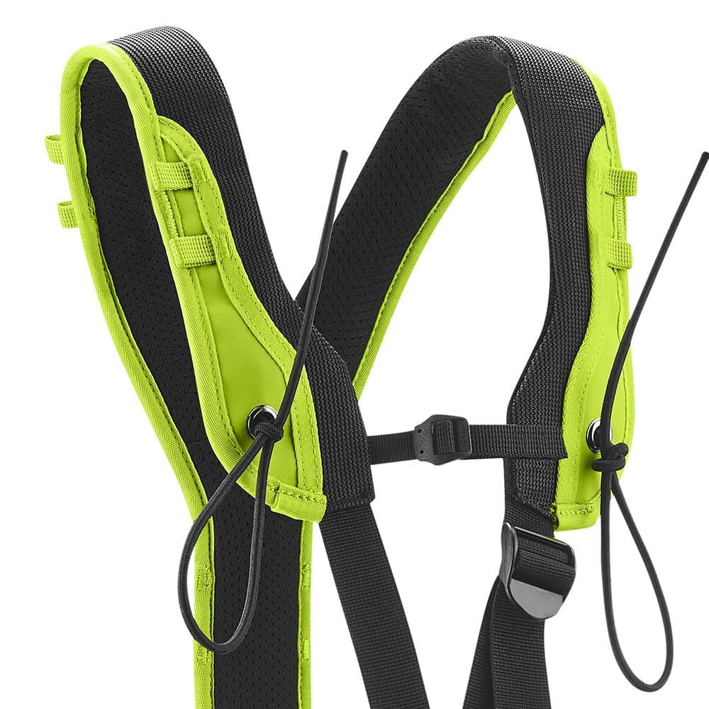 Coffre élastique TreeRex d’Edelrid, gros plan sur des bretelles rembourrées vertes et noires avec élastiques
