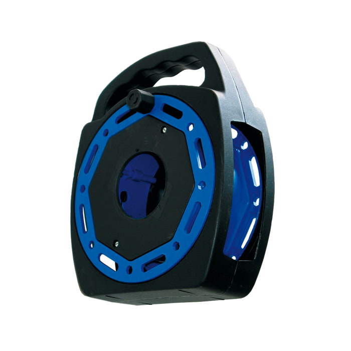 Enrouleur de câble d’enroulement avec poignée noire et corps de tambour bleu, boîtier noir