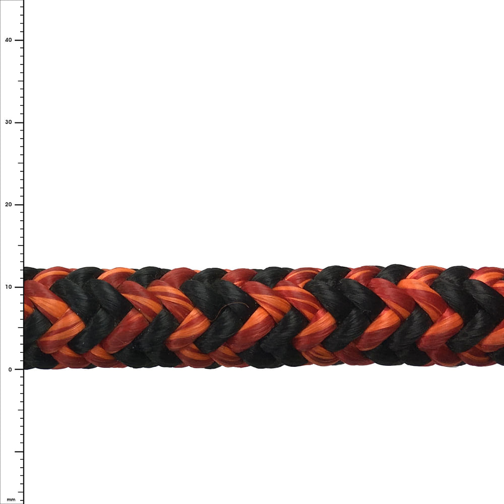 Corde Black Widow avec tressage noir et rouge, photo de détail avec l’échelle à gauche