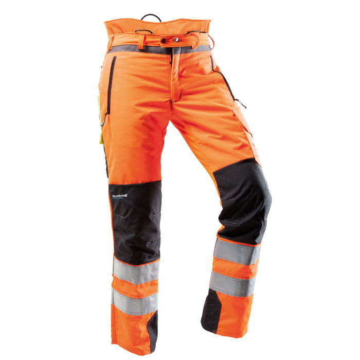 Pantalon de protection contre les coupures EN 20471 en orange avec inserts noirs aux genoux et bandes réfléchissantes sur les jambes