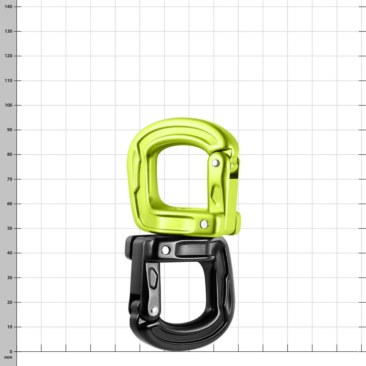 Deux mousquetons, vert en haut, noir en bas, ouvert, nom du produit Cupid Swivel visible