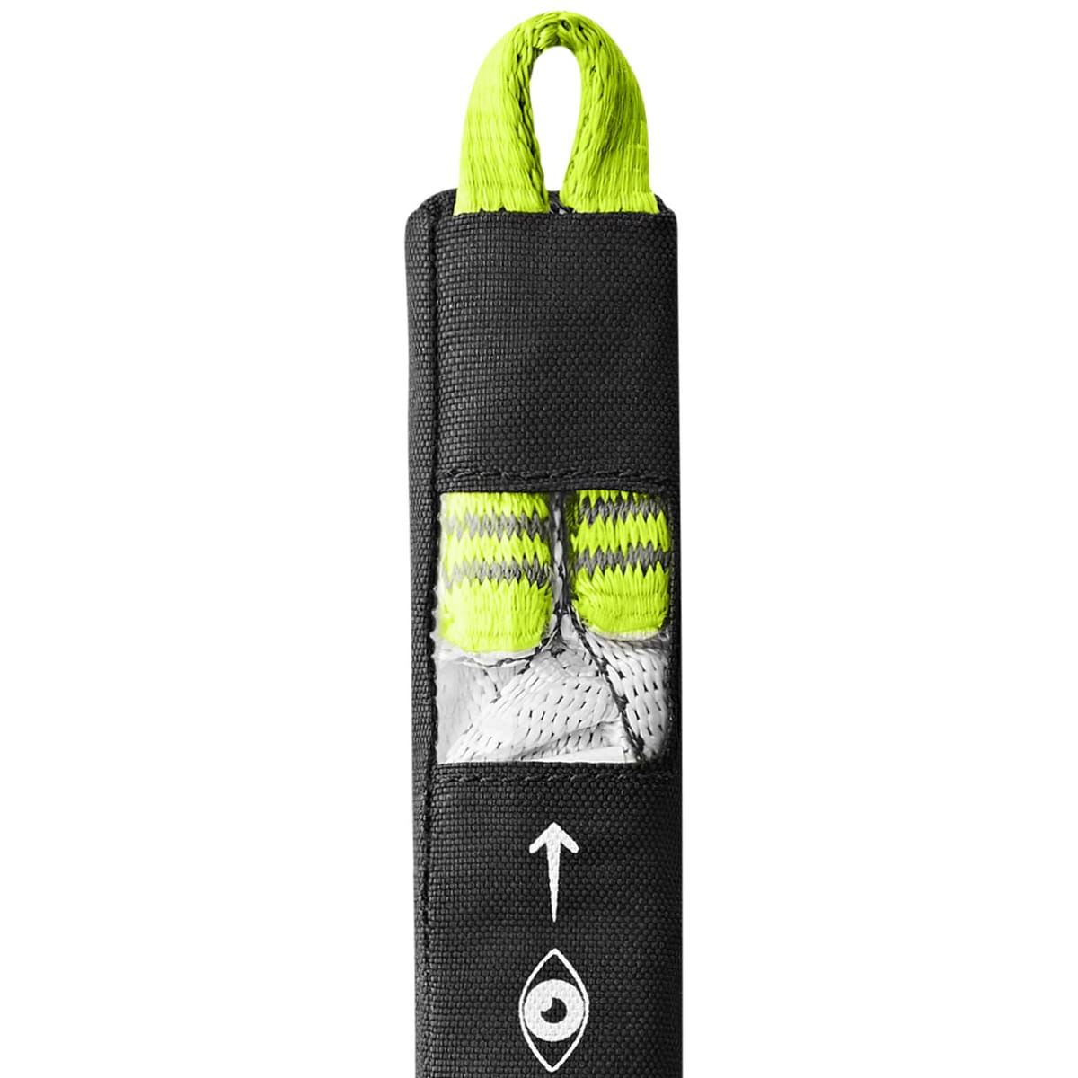 Defuser Rescue, housse de protection noire avec boucles jaune-vert en haut et fenêtre d’observation, flèche et œil comme marquages, nom du fabricant non visible