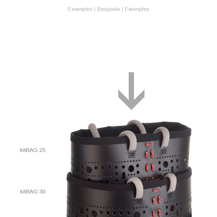 deux sacs noirs empilés l’un sur l’autre, kitBAG 25 en haut, kitBAG 30 en bas, chacun avec des poignées grises et des coutures rouges, fabricant Petzl