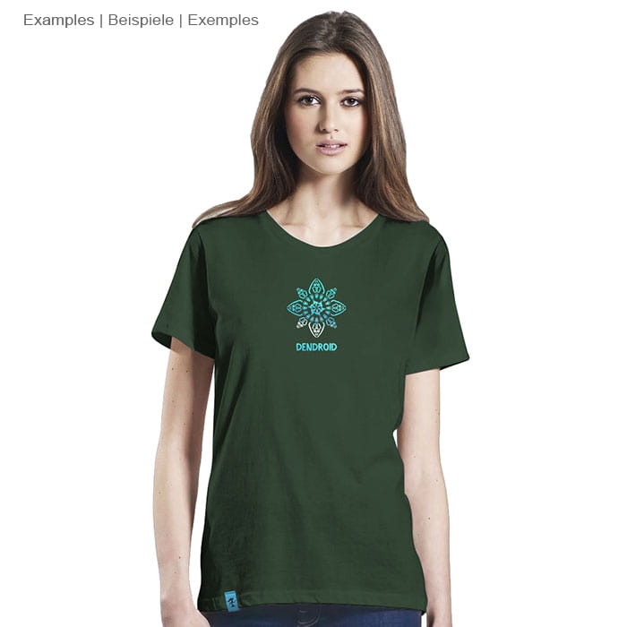 T-shirt Symmetree vert foncé avec motif symétrique bleu et inscription « DENDROID » sur le devant, porté par une femme