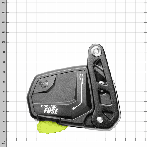 Fusible Edelrid en noir avec levier vert et symbole RFID sur fond blanc avec dimension de la grille en millimètres