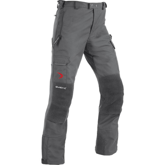 Pantalon Gladiator Outdoor gris avec renforts noirs aux genoux et aux jambes, plusieurs poches et logo rouge
