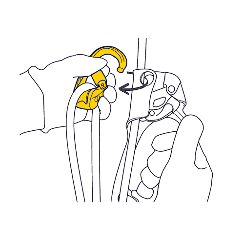 Dessin en noir et blanc d’une main fixant un mousqueton jaune Rollclip Z Triact-Lock à un appareil d’assurage