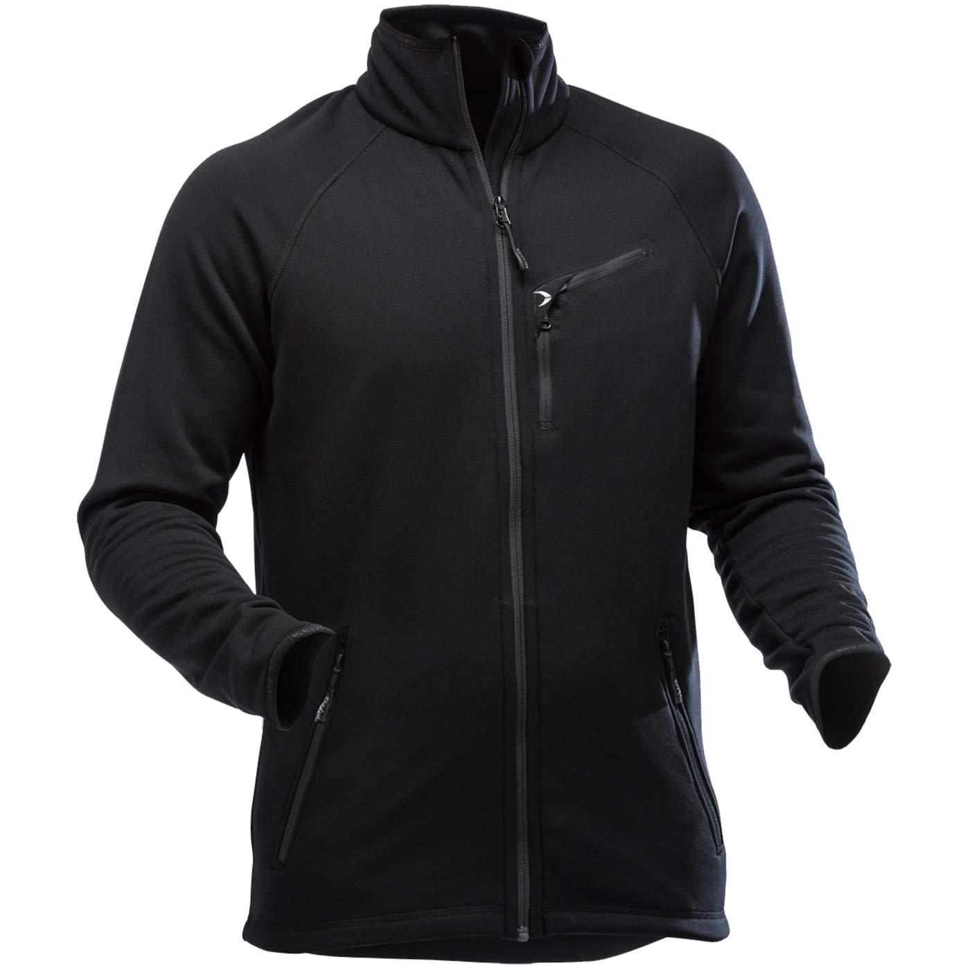 Veste Polartec noire avec fermeture éclair et trois poches, au centre du devant et sur les deux côtés