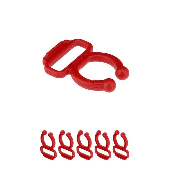 Surfeur en corde gobelin, clip en plastique rouge avec deux extrémités rondes et fente rectangulaire, six pièces