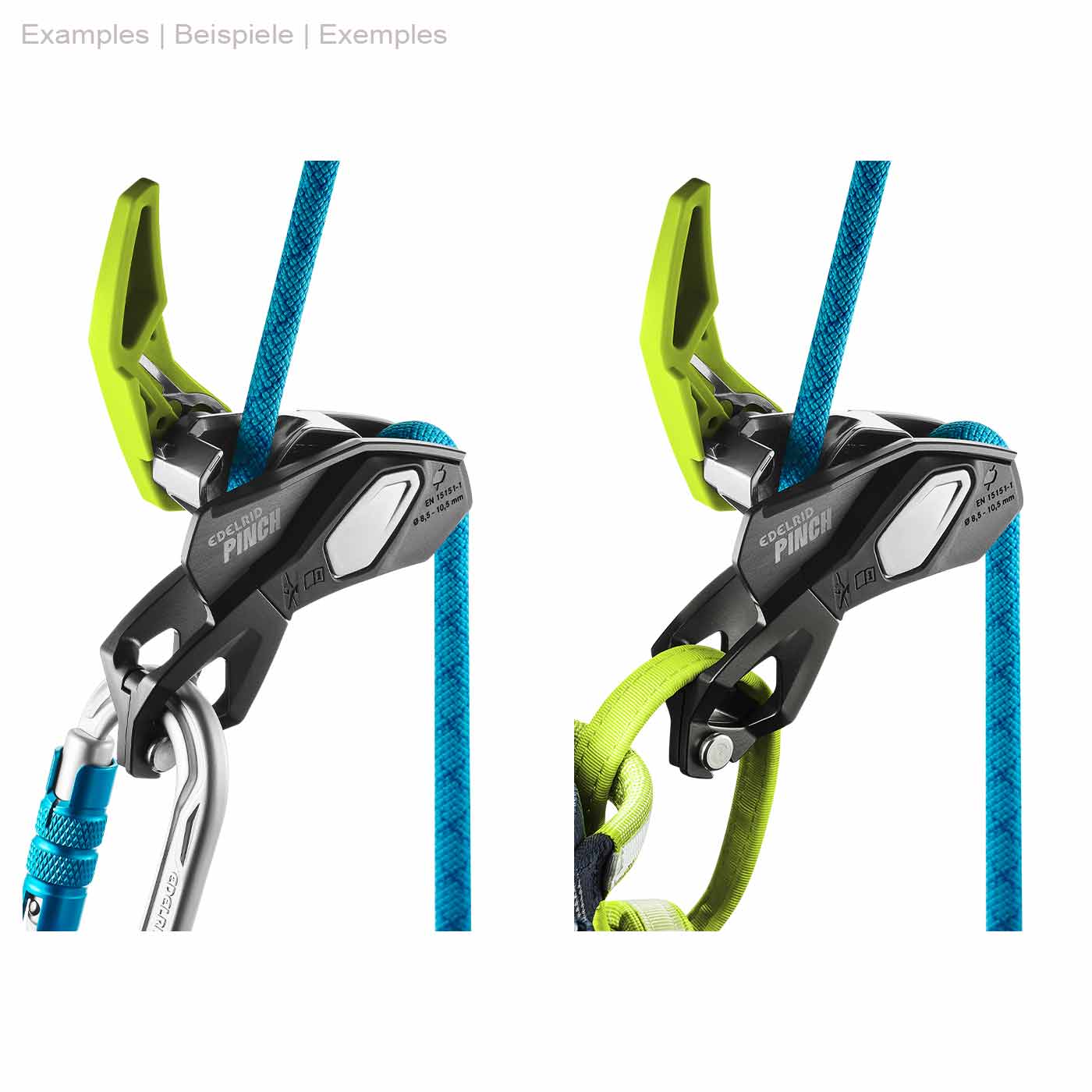 Deux aires de jeux Pinch d’Edelrid en noir et vert avec corde bleue et mousqueton